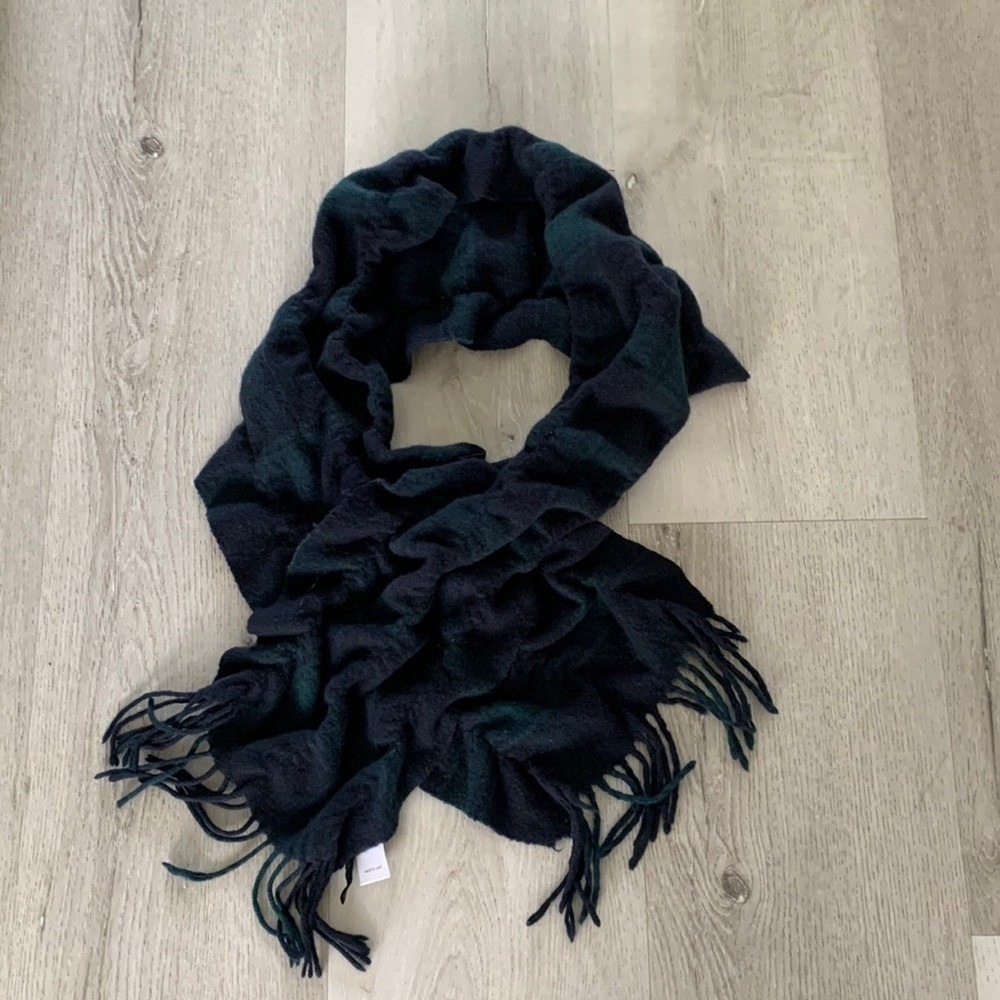 TALBOTS TARTAN 100% CASHMERE SCARF green navy fringe crushed ruched